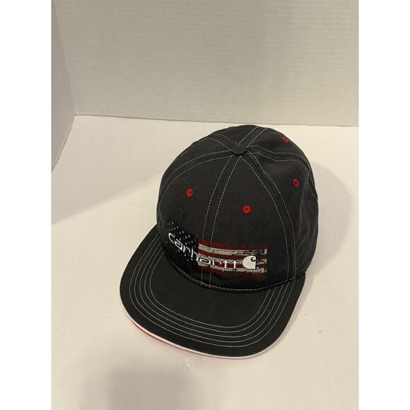 Carhartt Hat Cap Strap Back Black Red American Flag Embroidered Patch Mens USA - Picture 1 of 10